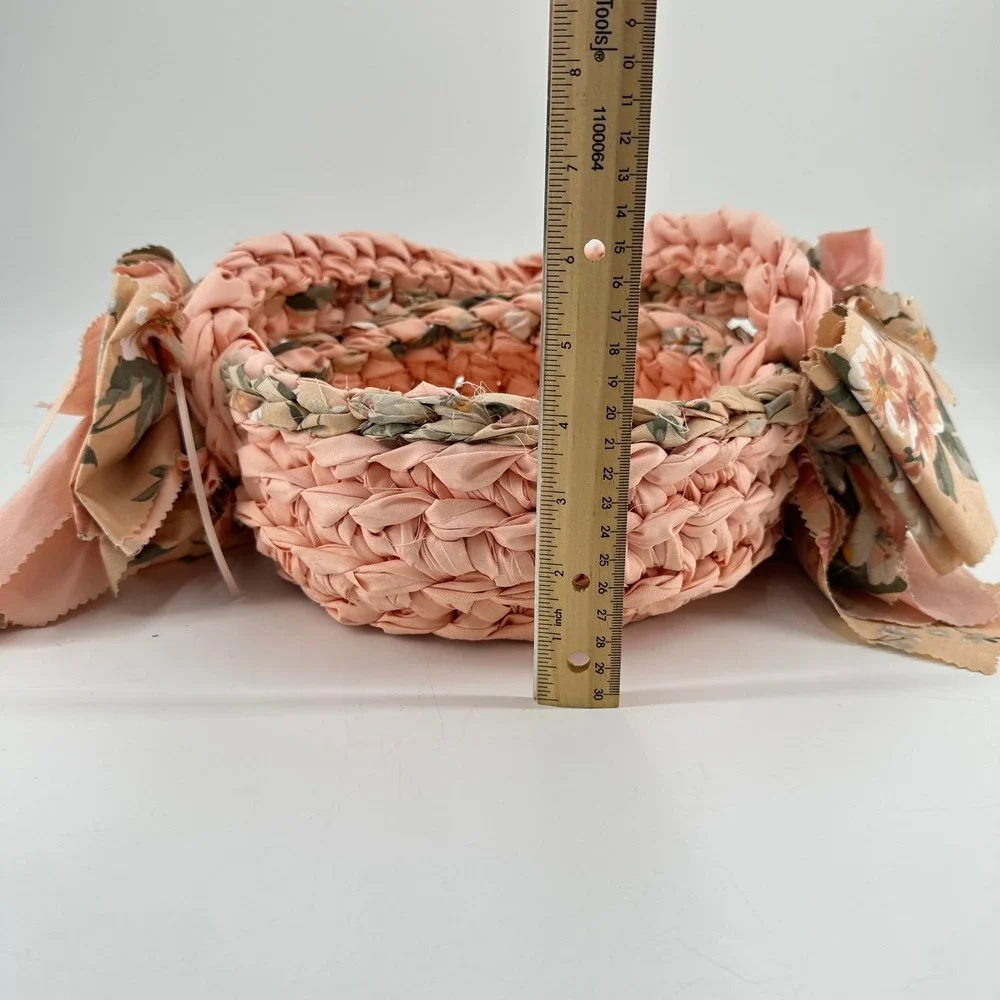 Handmade Peach Floral Woven Fabric Basket with Bows and Pearls Cottagecore Decor